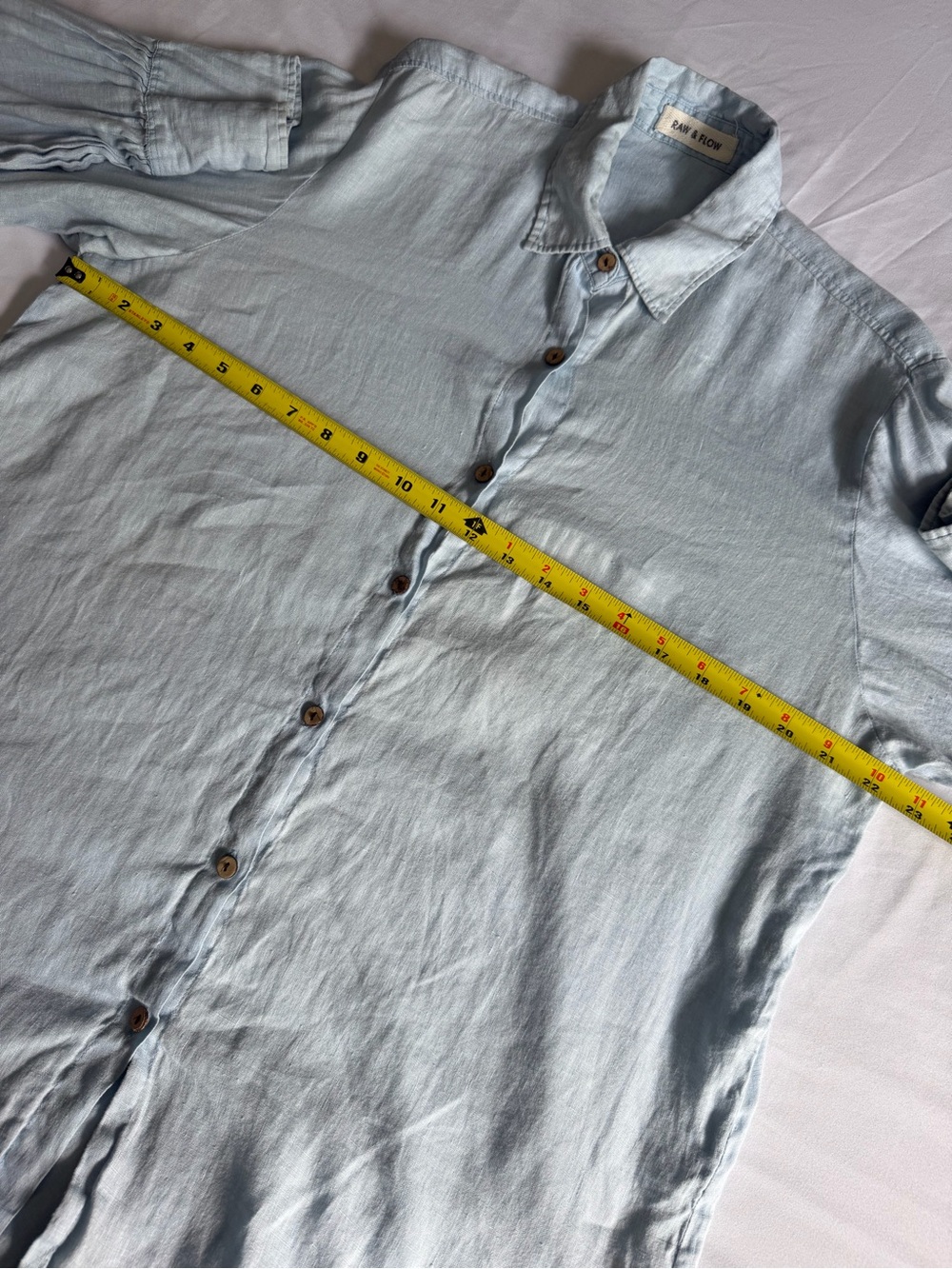 Raw + Flow Handmade 100% Linen Blue Balloon Sleeve Long Sleeve Button Down Shirt - Picture 15 of 15